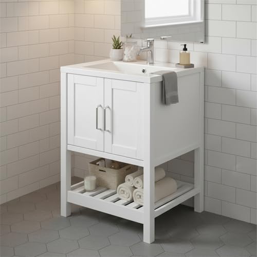 Image of Alaterre Furniture Bennet Bathroom Vanity Without Sink - 24 inch Small Freestanding Wood Vanity Cabinet with Soft-Close Shaker Doors, Single Sink Base (White)