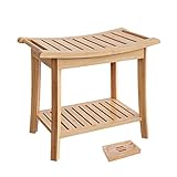 Taburete bajo de alta calidad: El estante de almacenamiento del baño está hecho de madera de bambú natural, el marco está fijado con tornillos, robusto y estable, puede soportar un peso máximo de 180 kg, no es fácil de deformar, puede ser utilizado durante mucho tiempo. La superficie ha sido especialmente tratada, lisa y plana, cómoda para sentarse