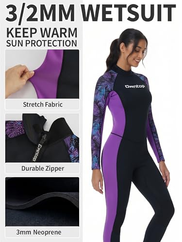 Owntop Damski kombinezon z neoprenu, długi 3/2 mm, na całe ciało, neoprenowy kombinezon surfingowy, z zamkiem błyskawicznym na plecach, ochrona przed zimnem, do nurkowania, surfowania i SUP, fioletowy