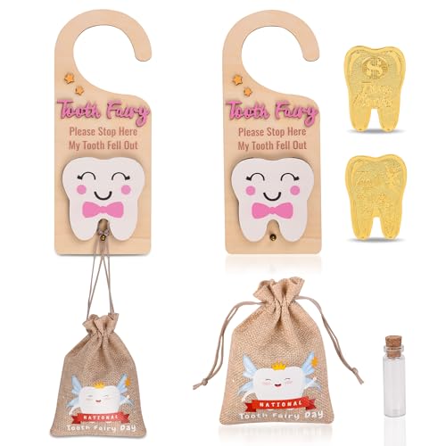 Wooden Tooth Fairy Door Hanger with Cute Coins Holder Gift for Lost Teeth Kids Tooth Fairy Pick up Box for Lost Tooth Kids Gifts Pink