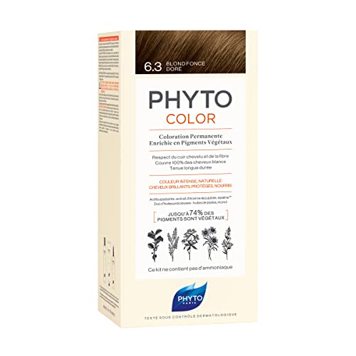 PHYTO Phytocolor Permanent Hair Color, 6.3 Dark Golden Blonde, with Botanical Pigments, 100% Grey Hair Coverage, Ammonia-free, PPD-free, Resorcin-free, 0.42 oz.