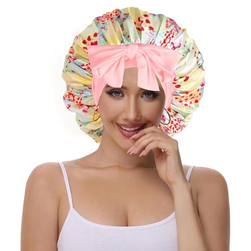 Vettres Hair Bonnet for Sleeping Satin Lined Sleep Cap Double Layer Silk Head Wrap for Curly Natural Hair Strawberry Patchwork — view 2
