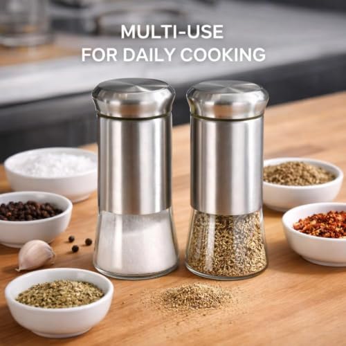 Image of Zapsol Stainless Steel Salt and Pepper Shaker Set of 2 | Moisture Proof Spice Dispenser with Glass Bottom,Refillable Seasoning Container for Kitchen Dining Table