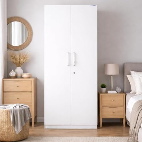 Image of AAVATAR 2-Door Wood Wardrobe with Shelves and Hanging Space for Bedroom, Wood Wardrobe for Clothes, 2 Door Wardrobe Without Mirror (Colour - White, Size 75 X 30 X 19 Inch)