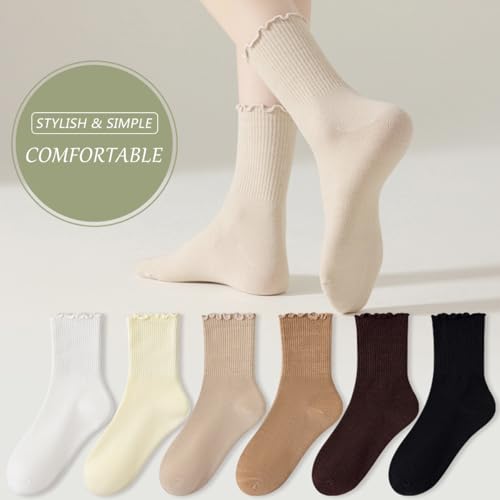 Image of Women Ruffle Crew Socks Cute Frilly Lettuce Turn-Cuff Calf Dress Sock 6 Pack