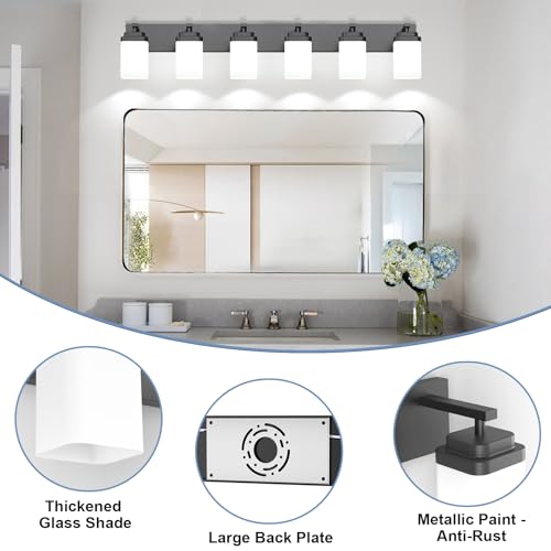 Image of Matte Black Bathroom Light Fixtures, 6 Lights Bathroom Lighting Fixtures Over Mirror, Square Design & Rectangle Large Backplate, Modern Vanity Lighting Fixtures, for Living Room /Bedroom