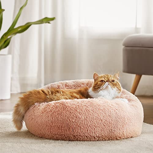 Image of Bedsure Calming Cat Beds Donut Round Washable Kitten Bed,20 inches Pink | Fluffy Faux Fur Cuddler,Machine Washable,Anti-Slip Bottom,Anti-Anxiety,Deep Sleeping for Cats&Small Pets Up to 15 Lbs