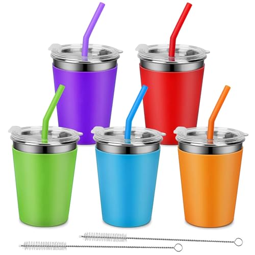 Hikrxya 5 Pack Stainless Steel Cups with Lids and Straws, 12oz Unbreakable Iced Coffee Cup, Kids Tumbler with Straw and Lid