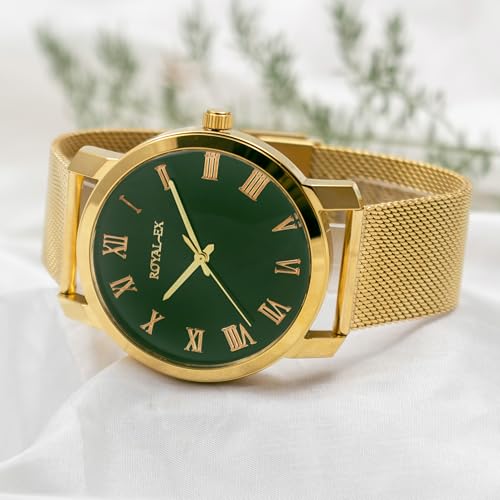 Image of Royalex Mens Golden Watch with Mesh Chain and Green Dial with Roman Numbers