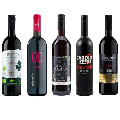 Top Five (5) Non-Alcoholic 0.0% Red Sampler (Italy | Spain) Cardio Zero Red, Lussory Organic Merlot, Alternativa Rosso Dry, Lussory Tempranillo, Tautila Tinto (Tasting Party Kit)