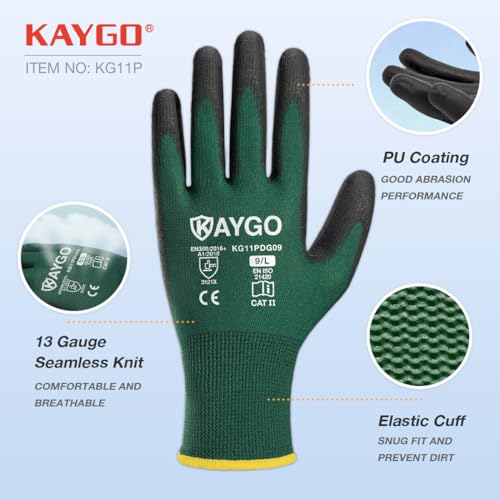 Image of KAYGO Safety Work Gloves for Men Women, PU Coated Palm & Fingers, KG11P | Smooth Grip, Breathable & Lightweight, 13-Gauge Seamless Knit, for Light Warehouse, Manufacturing, Gardening