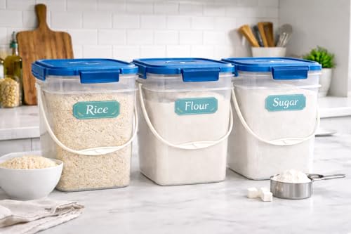 Image of House Naturals 4 Gallon Square Food Grade Bucket Pail with Plastic Handles and Lid (Pack of 3) Made in USA containers (Clear - Blue lids)