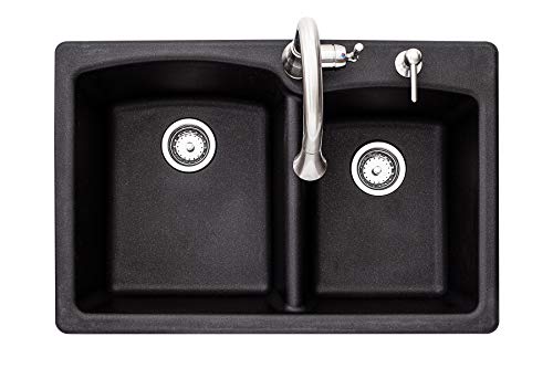 Franke Ellipse 33" Dual Mount Granite Offset Double Bowl Kitchen Sink, Onyx #TOP4