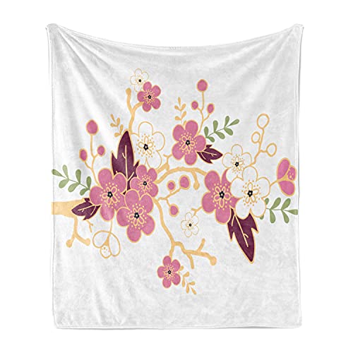 Ambesonne Almond Blossom Throw Blanket, Simplistic Composition of Flowers Spring