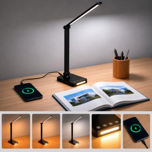 Image of XERGY LED Desk Lamp with USB Charging Output - Dimmable, Touch Control, Timer, Night Mode, 5 Color Mode, Adjustable Arm, Eye-Caring Table Lamp for Study, Office & Home Use - Black(Adaptor Included)