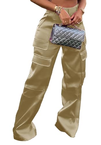 Vakkest Women's Satin Cargo Pants High Waisted Wide Leg Metallic Sweatpant Jogger Trousers Y2K Streetwear Multi Pockets
