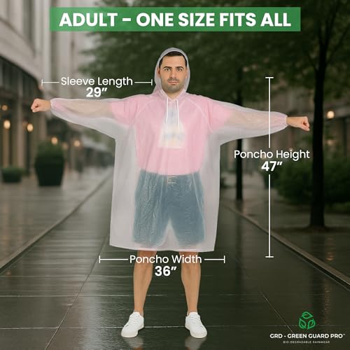 Eco-Friendly Rain Ponchos - Bio-degradable Disposable Clear Poncho with Drawstrings and Adjustable Hood, Family Pack of 53