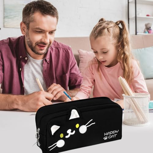 Image of Cat Pencil Case,Kawaii Large Capacity Protable Pencil Pouch Stationery Pen Bag with 5pcs cat bookmarks paper clips Big Storage Organizer for School Office Supplies (Black)