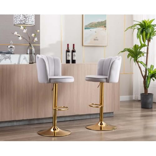 Image of Dream Furnishing - Set of 2 Bar /Kitchen Chairs 360 Degree Rotatable Swivel Elegant Classy & Comfortable Chair with Golden Base and Velvet Fabric (2 Chairs) (Grey Flower)