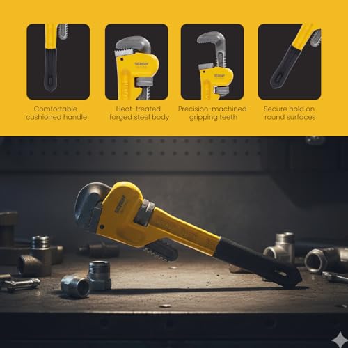 Image of Heavy Duty 8 In Pipe Wrench | Forged Carbon Steel With Cr-Mb Jaw | Precise Clamping Teeth Design For Strong Grip |TPR Soft Grip Handle | Max Pipe Size 1 inch, For Plumbing, Home and Professionals