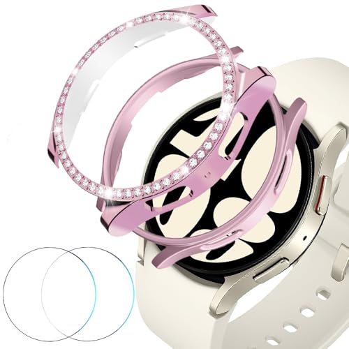 Coque Samsung Galaxy Watch 6 44mm DEALELE avec verre trempé 9H rose et diamant pailleté