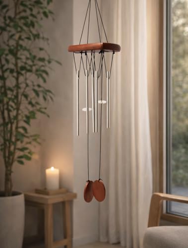 Image of Decorative Wind Chime for Home | Wooden House with Bells Colourful Beads | Positive Energy Balcony Living Room Hall Garden Home Decor (Wind Chimes with 4 Tubes)