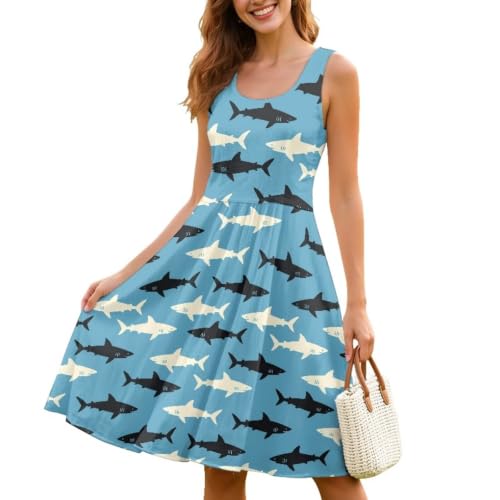 Image of Women Stylish Tank Dresses Sleeveless Round Neck Midi Casual Dress with Pocket for Summer