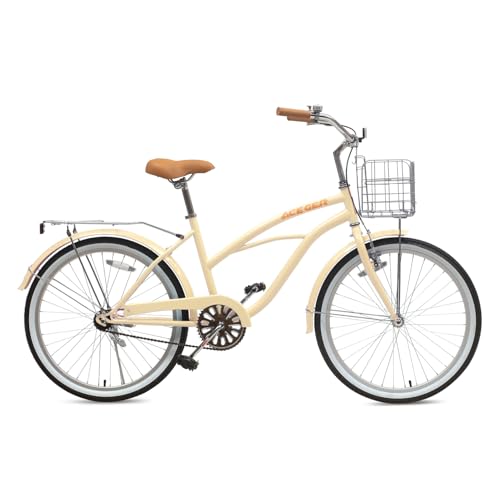 ACEGER 24 26 Inch Women Beach Cruiser Bike, Single Speed and 7 Speed, Adult Hybrid Bike Commuter Bicycle, Hi-Ten Steel Frame with Adjustable Handlebar and Saddle, Multiple Colors