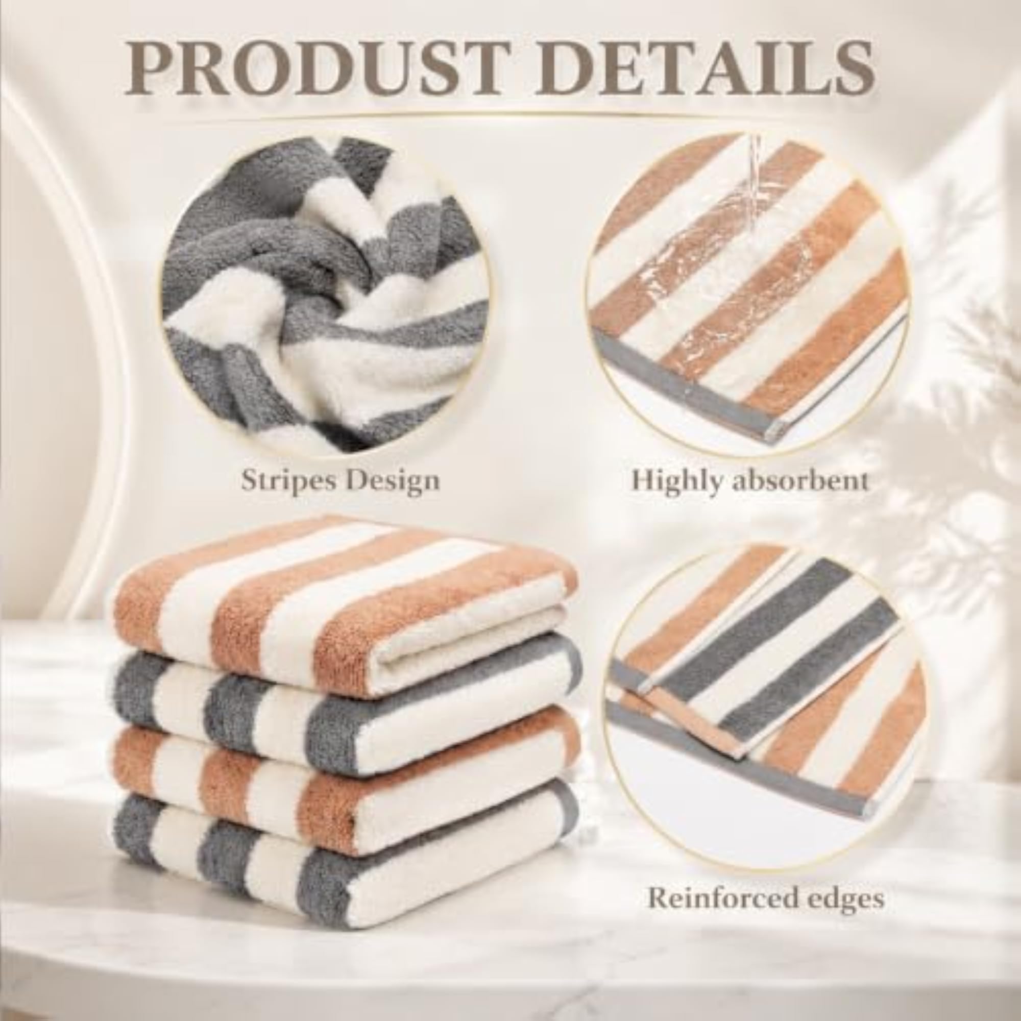 4 Pack Striped Hand Towels for Bathroom, Cotton Durable Towels