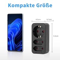 Aigostar Steckdosenadapter 3-fach mit Kindersicherung Mehrfachsteckdose Tragbar für Steckdose (2 x Eurosteckdose und 1 x Schutzkontakt) Schwarz – Ansicht 2