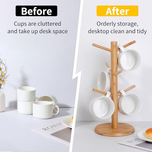 FOSFUKEERCoffee Mug Holder, Black Bamboo Mug Tree with Thicker Base, Coffee Cup Stand, Cup Holder for Counter, Coffee Mug Rack Organizer with 6 Hooks (Bamboo Color) - Image 4