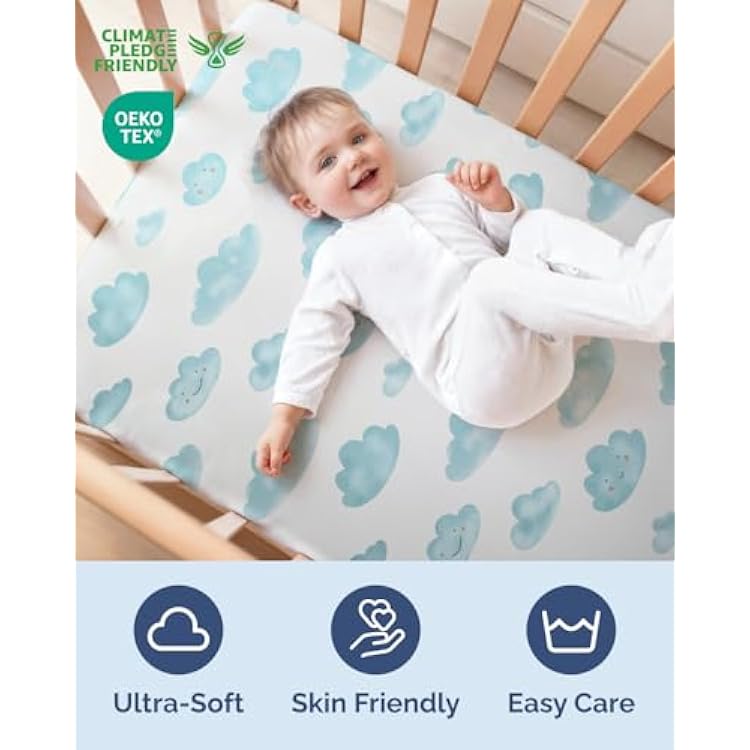 Baby Crib Sheets for Boys & Girls - Pack of 2 Fitted Microfiber Crib Sheets for Standard Crib & Toddler Mattress - Soft, Breathable and Wrinkle Free - Machine Washable - Oeko Tex - 52x28x8in - Clouds