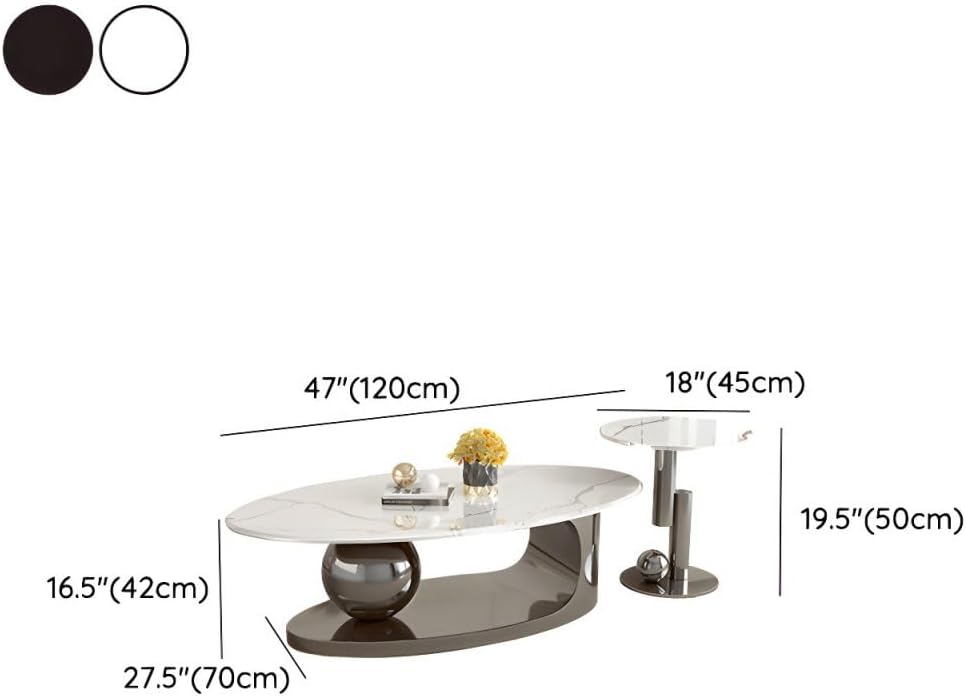 LAKIQ Modern Nesting Coffee Table Set - Oval Stone Top Set of 2 Living Room Accent Center Table Side Tables (White-Gold, 47" L x 27.5" W x 16.5" H+18" L x 18" W x 19.5" H)