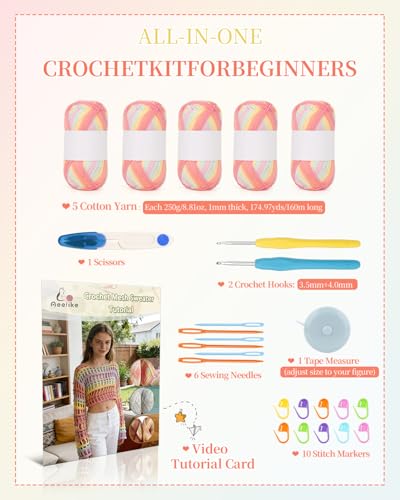 Image of Aeelike Beginner Crochet Kit for Adults, Crochets Set w Ombre Cotton Yarn & Step-by-Step Video Tutorials,Rainbow Coverup Sweater for Women Ideal DIY Gift Crochet Kit for Beginners,Gradient Pink