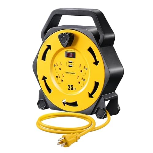 DEWENWILS Cord Reel with 4 Power Outlets, 2-USB Ports(3.4A Fast Charge), 25FT Retractable Extension Cord Reel, Heavy Duty SJTW 16/3 Cable, 13A Circuit Breaker, Hand Wind, UL Listed Usb With