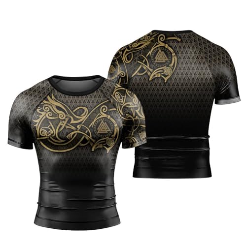 Viking Norse Rune Men's Rash Guard Shirts Short Sleeve, Baselayer Compression Shirt for Jiu Jitsu MMA
