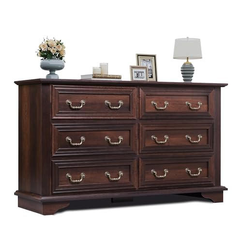 WLIVE Wood Dresser for Bedroom with 6 Drawer, 51.97'' Wide, Farmhouse Long Storage Dresser Organizer with Roman Metal Handle, TV Stand for 60 inch TV, Chest of Drawers for Living Room, Hallway, Brown