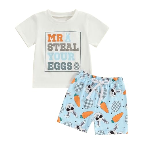 Image of BeQeuewll Toddler Baby Boy Easter Outfit Letter Bunny Print Short Sleeve T-Shirt and Shorts Summer Clothes Set