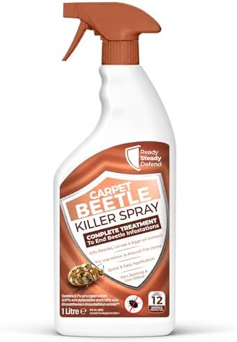 Carpet Beetle Killer Spray 1L - Fast-Acting 0.1% Cypermethrin, Targets All Life Stages, Low Odour, Long-Lasting Protection, Works on Soft/Hard Furnishings, Indoor/Outdoor Use