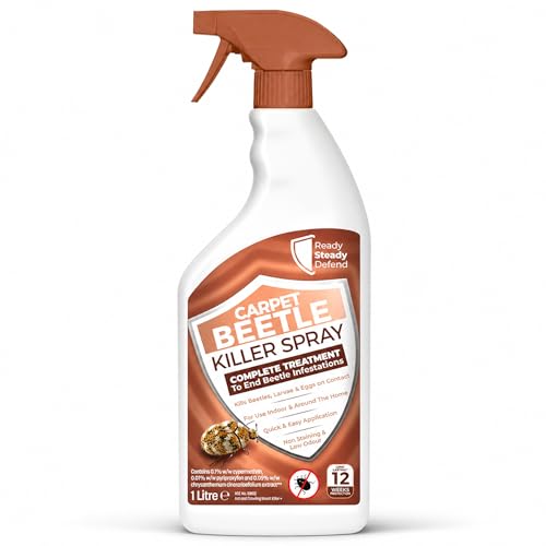 Image of Carpet Beetle Killer Spray 1L - Fast-Acting 0.1% Cypermethrin, Targets All Life Stages, Low Odour, Long-Lasting Protection, Works on Soft/Hard Furnishings, Indoor/Outdoor Use