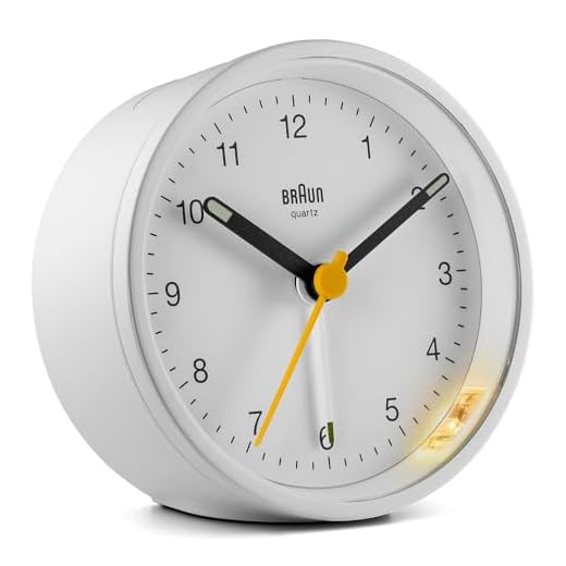 Braun Classic Analogue Alarm Clock with Snooze and Light, Quiet Quartz Movement, Crescendo Beep Alarm in White, Model BC12W.