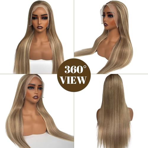 Image of Belaved Ombre Blonde Lace Front Wig, Human Hair, 13x4 Highlights Ash Brown to Blonde, 150% Density Straight 30 Inch HD Lace Frontal Wig for Women, Pre-Plucked With Baby Hair