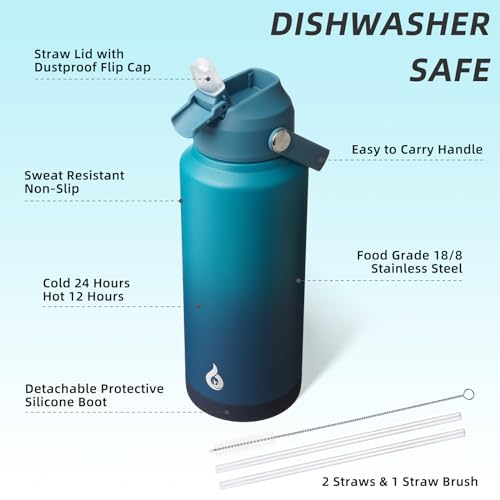 Image of BJPKPK Water Bottle with Straw Lid, 32oz Vacuum Insulated Water Bottles, Metal Stainless Steel Thermo for Sports, Travel, BPA Free Leak Proof Thermo, Cups, Flasks, Tumblers,Vast