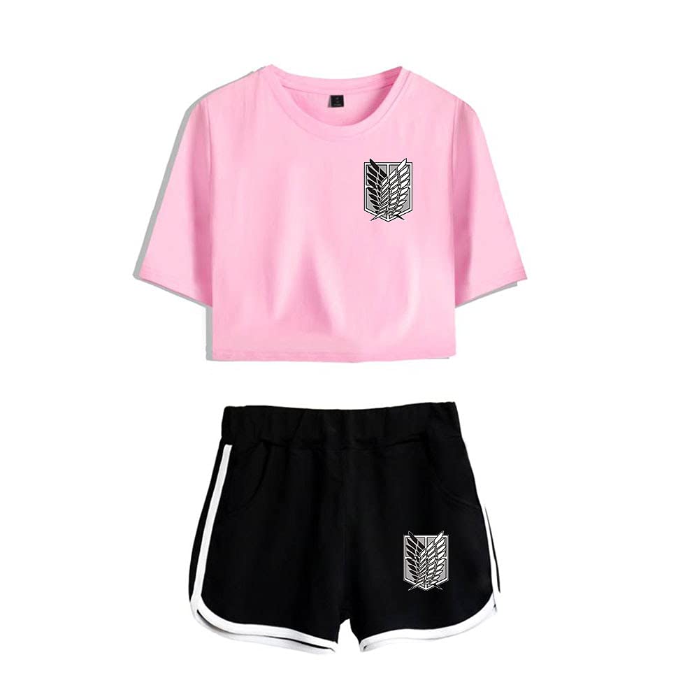 LKY STAR Anime Cintura Alta Camiseta y Pantalones Cortos de Verano 2 Piezas Set para Mujeres/niñas