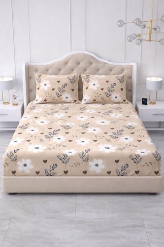 Image of 300 TC Cotton Feel Glace Cotton Elastic Fitted Bedsheet for King Size Double Bed | Fits up to 8 Inch Mattress | Printed Bedsheet with 2 Pillow Covers (Cream, King Size - 72 inchx78 inch)