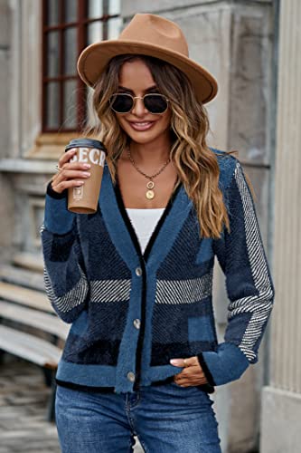 Dokuritu Women's Fuzzy Cardigan Sweaters Button Plaid Knit Open Front Cardigans Checkered Long Sleeve Navy Blue Sweater Outwear Top (Harbourblue,L) #TOP7