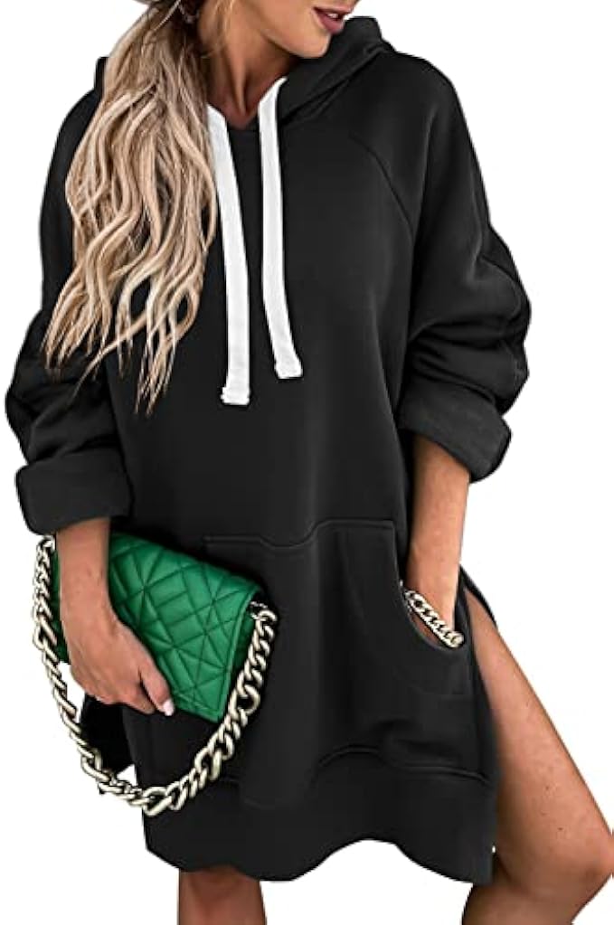 SHEWIN Women's Oversized Pullover Sweatshirt Long Sleeve Split Hem Hoodie Dress With Kangaroo Pocket