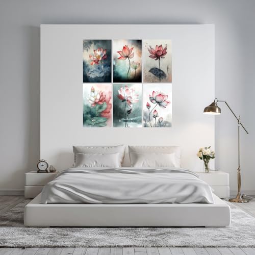Image of SiddArtify Lotus Flower Wall Art Prints Set - Botanical Poster Decor for Living Room Bedroom Office - 12x18 inch Sticker Pack of 6