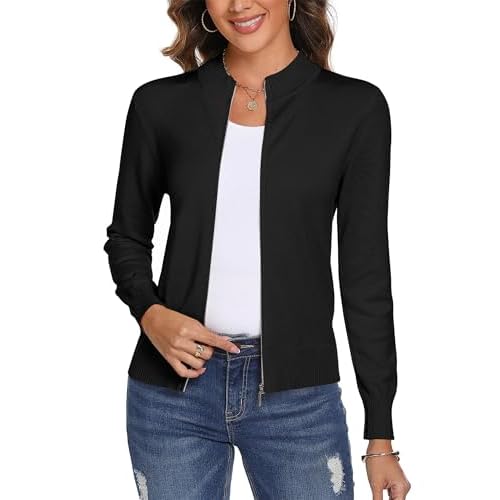 Totatuit Womens Long Sleeve Knitted Zip Up Sweater Cardigans Sweaters Lightweight Zipper Sweatshirts Jacket Large Black
