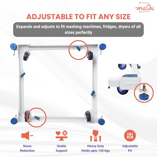 Image of SoraChi Adjustable Iron Washing Machine Stand with Wheels | Elevates Appliances to Prevent Water Damage & Reduce Vibrations | Universal Fit for Washers & Refrigerators (Blue)